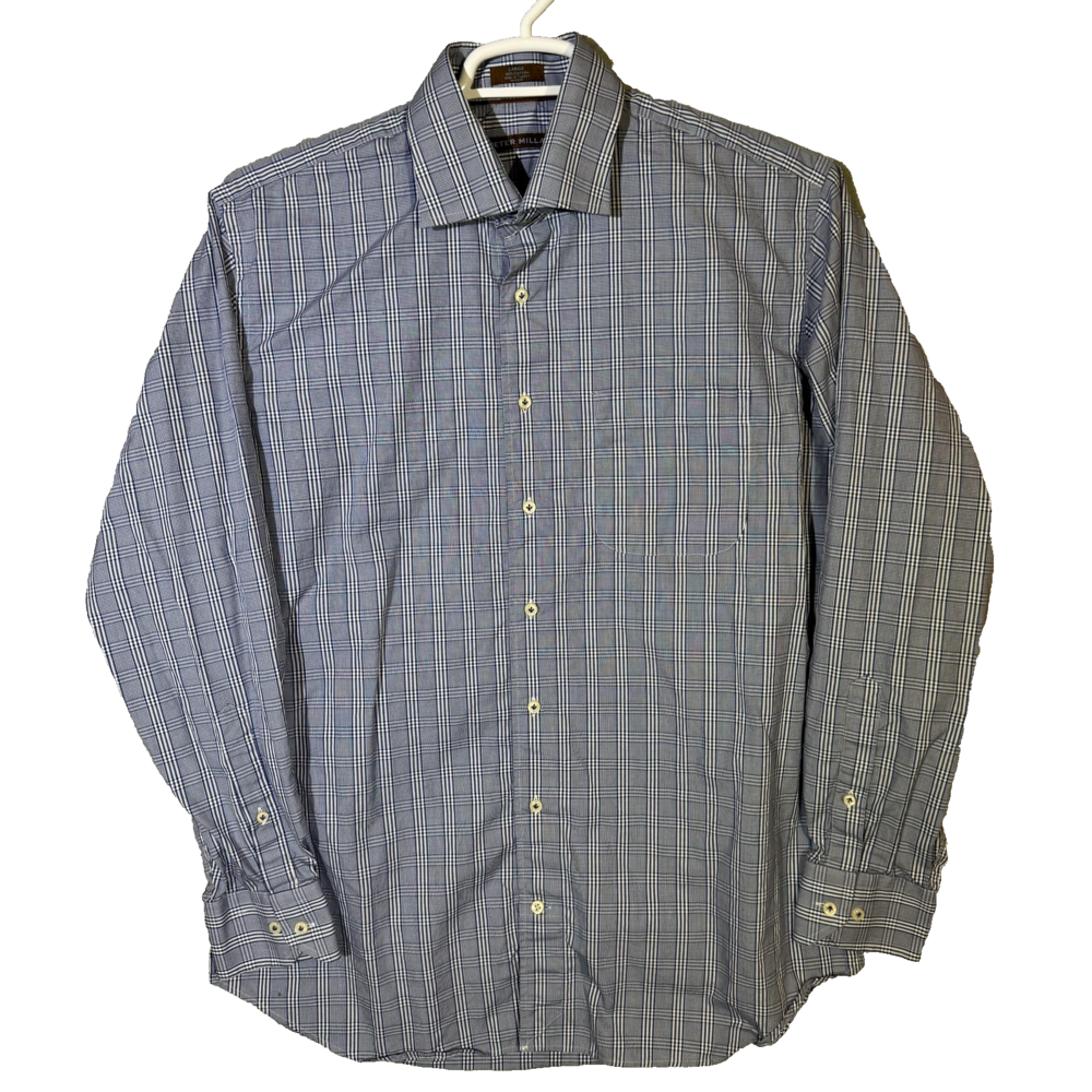 Peter Millar Dress Shirt Mens Large Blue Plaid Button Front Long Sleeve Cotton